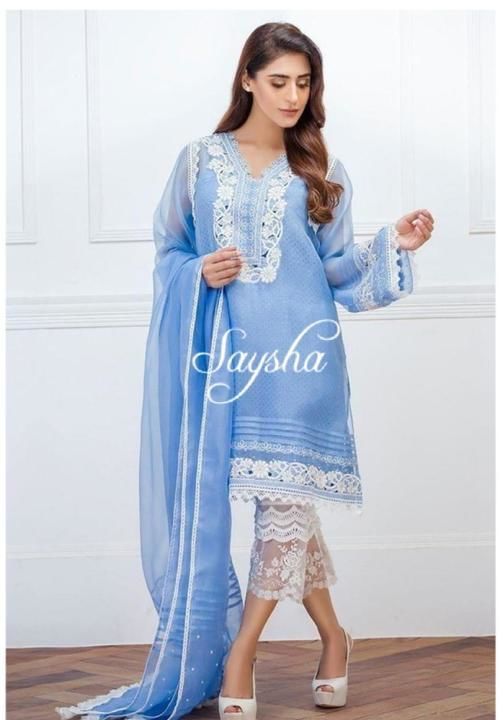 Post image orgenza /georgette/ top /  with 
 beautiful emb / and Crotia lace/ 
     Team up with 
modal silk bottom  with crotia appliqué work 
&amp;. V exclusive 
 orgenza georgette Duppatta  with laces 
          (Zb)
Price 
4050 +$ ( m s p )