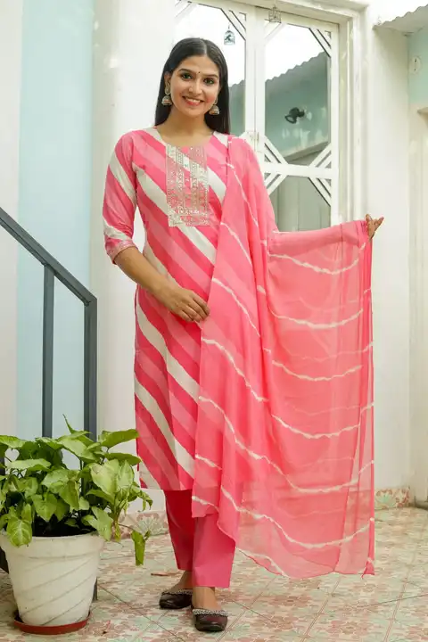 Pink Laheriya Three Piece uploaded by Sakhiyaan Jaipur on 7/12/2023