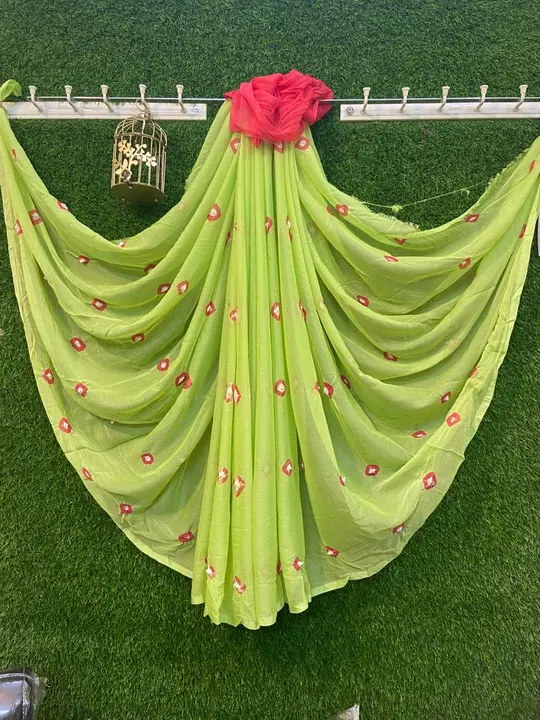 Limit stock hurry up 
Pure Nazmjn shifon saree with hend bandni Gulati  saree with blouse 
Price onl uploaded by Gotapatti manufacturer on 7/14/2023