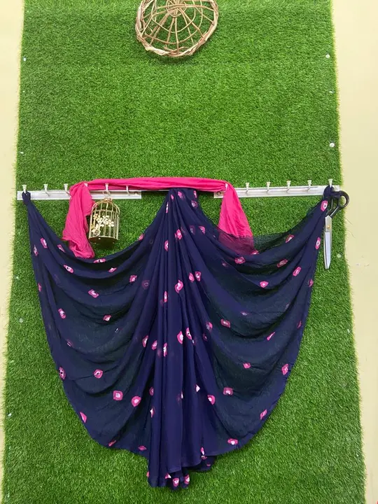 Limit stock hurry up 
Pure Nazmjn shifon saree with hend bandni Gulati  saree with blouse 
Price onl uploaded by Gotapatti manufacturer on 7/14/2023