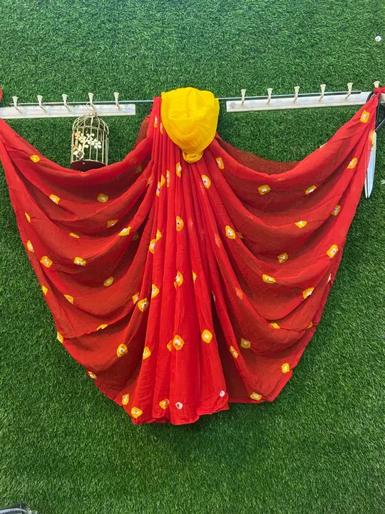 Limit stock hurry up 
Pure Nazmjn shifon saree with hend bandni Gulati  saree with blouse 
Price onl uploaded by Gotapatti manufacturer on 7/14/2023