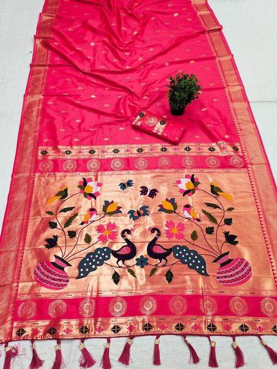 Soft Paithani Silk Saree with Gold Zari Weaving Pallu and Minakari Peacock Design Saree uploaded by DHANANJAY CREATIONS on 7/15/2023