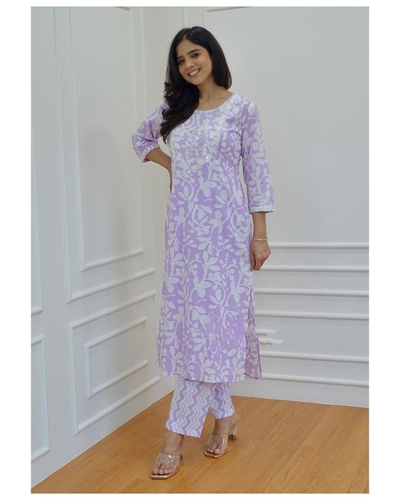 Lilac Embroidered Cotton kurti with pant set uploaded by business on 7/15/2023