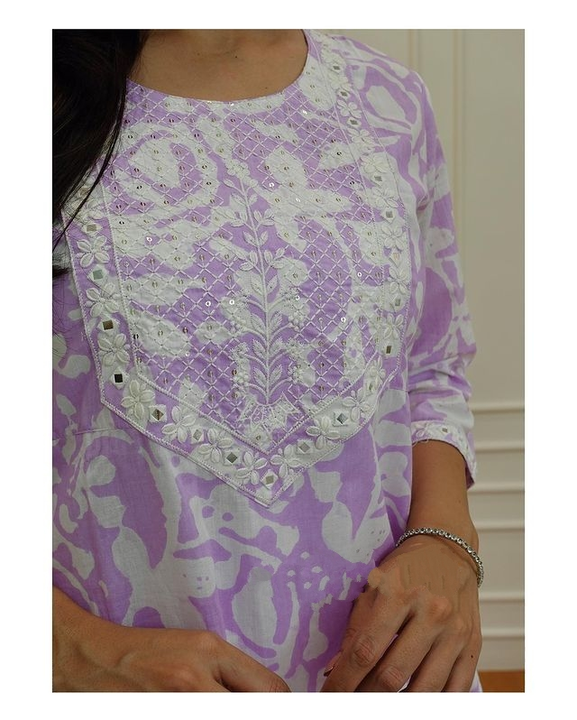 Lilac Embroidered Cotton kurti with pant set uploaded by Tejal International on 7/15/2023