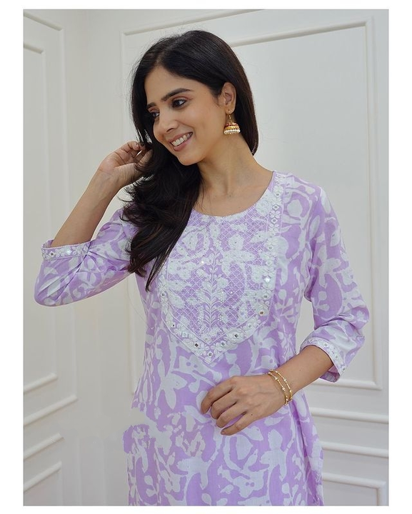 Lilac Embroidered Cotton kurti with pant set uploaded by Tejal International on 7/15/2023