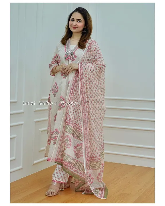Jaipuri hand block print Kurta, pant and  dupatta set uploaded by Online Ladies Dresses on 7/16/2023