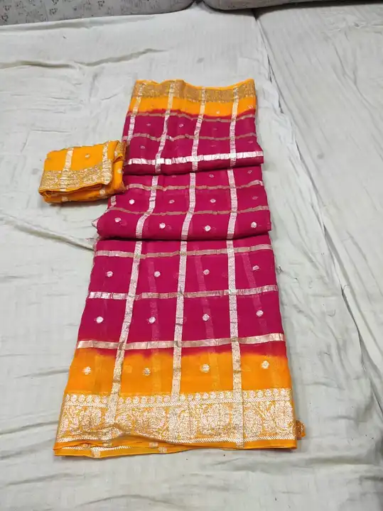 Super new design launch👉👉pure geogret checks zari fabric👉contrash blouse👉👉jaipuri hand two die  uploaded by business on 7/16/2023