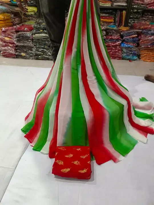 Today sale price 🙏🏻
Pure daimod chiffon Fabric
 Saree
🥻 Multi colour lahariya saree
 Independence uploaded by Gotapatti manufacturer on 7/18/2023