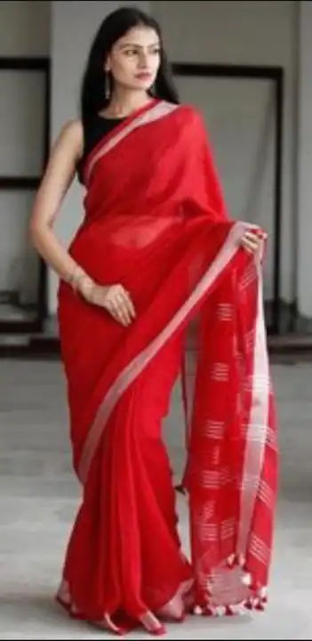 Linen by linen plain saree with bp  uploaded by Santipur saree on 7/18/2023