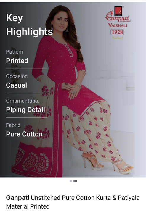 Post image I want 50+ pieces of Suits and dress material at a total order value of 10000. I am looking for Need Ganpati Dress Material . Please send me price if you have this available.