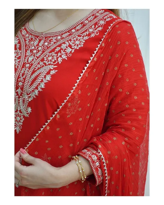 Red colour zari embroidery work rayon suit set jaipuri kurti  uploaded by The Cozy Creations  on 7/20/2023