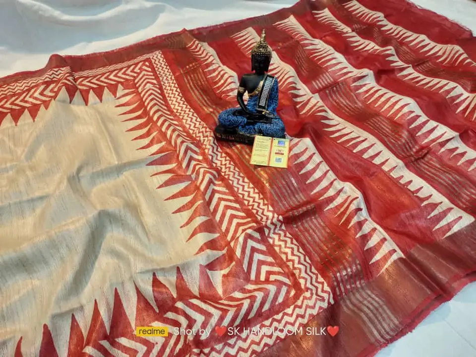 🌿 pure tassar ghicha Saree  🌿 design hand block print  🌿 handloom weving uploaded by Linen Saree Hub on 7/20/2023