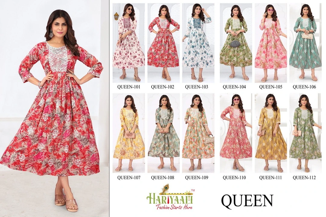 Post image 👑*HARIYAALI* ®️👑
A QWALITY BRAND FROM THE HOUSE OF 🍁*KASMEERA* 
🌿CATLOUGH-:***QUEEN*
👗*TOP*—- *PURE MAL MAL FOIL PRINT WITH BEAUTIFUL EMBROIDERY WORK NECK AND FLAIR*

✌️FEBULAS PRINTS AND WORK 
❤️BEAUTIFUL 1️⃣2️⃣COLOUR 
🪢*M L XL XXL XXXL*  *COMBO*
👁️LIMITED ADDITION 
🗒️ NOTE- PACKING START

REGARDS 🤝TEAM KAYCE