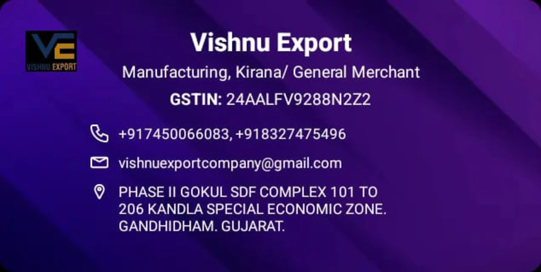 Visiting card store images of Vishnu Export 