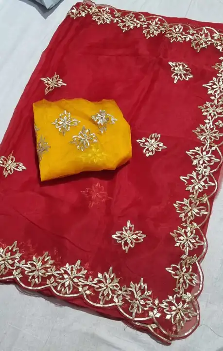 Post image Pure orgenja sareee beautiful gota patti work cut work border 
Contrast blouse 

Price 1199+ free $ only