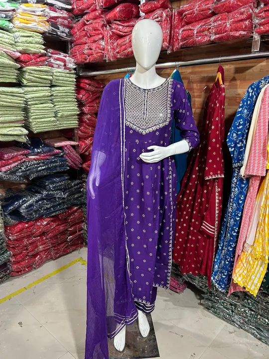 Nayra cut Embroidered kurti with pent and dupatta Reyon 14 kg fabric jaipuri kurtis  uploaded by PANIHARI COLLECTION CENTRE on 7/21/2023