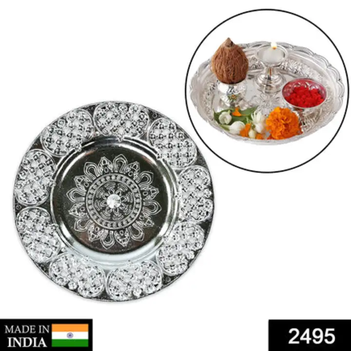 2495-silver-plated-swastik-pooja-thali-set-glossy-puja-thali uploaded by DeoDap on 7/22/2023