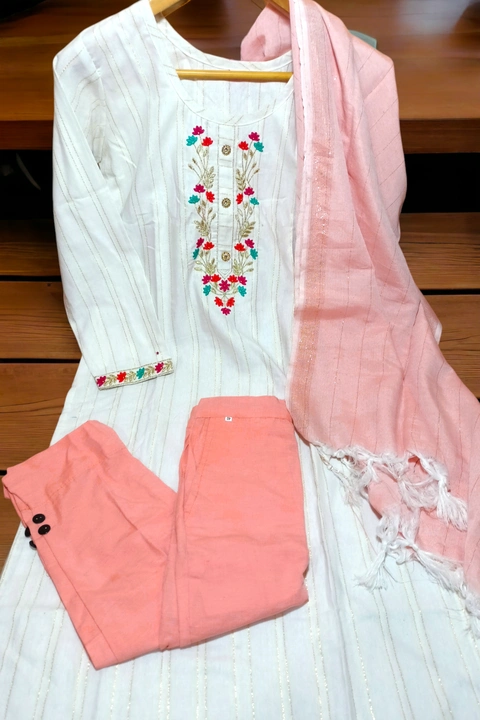 COTTON EMBROIDERED KURTI PANT AND DUPATTA SET  uploaded by business on 7/23/2023