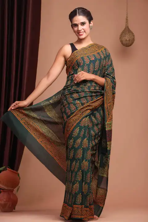 Hand block printed cotton mulmul saree with blouse piece  uploaded by The print house  on 7/24/2023