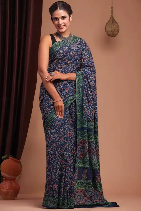 Hand block printed cotton mulmul saree with blouse piece  uploaded by The print house  on 7/24/2023