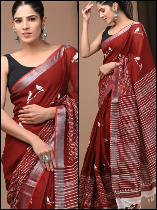 🥻New arrival🥻
 *Linen saree* 
Hand block print
All saree with same blouse 
Saree lenght  5.50
Blou uploaded by Saiba hand block on 7/24/2023