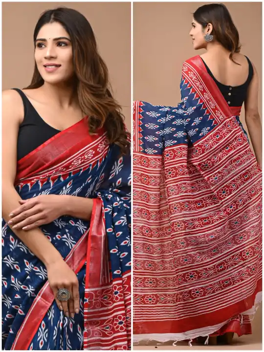 🥻New arrival🥻
 *Linen saree* 
Hand block print
All saree with same blouse 
Saree lenght  5.50
Blou uploaded by Saiba hand block on 7/24/2023
