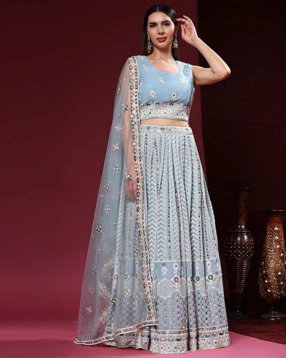 *READYMADE  CROP TOP*

*DESIGN NO*  C1949

*TOP*   EXQUSITE LAKHANVI THREAD WORK BLOUSE 


*LEHENGA* uploaded by Aanvi fab on 7/24/2023