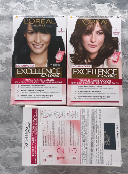 LOREAL EXCELLENCE COLOR 1 NO. & 4 NO. MRP 679 uploaded by business on 7/24/2023