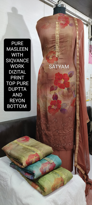 Post image PURE MASLEEN DIZITAL PRINT WITH EMBROIDERY WORK ..PURE JARMAN DUPTTA AND REYON BOTTOM