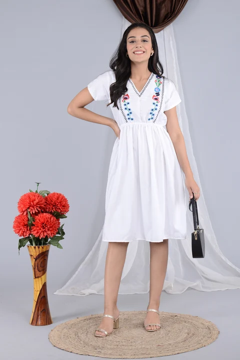 Women's V-Neck White Embroidered Dress uploaded by Mahalakshami Enterprises (Majestykart) on 7/25/2023