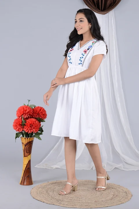 Women's V-Neck White Embroidered Dress uploaded by Mahalakshami Enterprises (Majestykart) on 7/25/2023