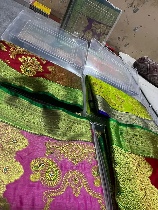 Satin Embroidery Full Embroidery and stone work Saree
Full Saree with Blouse 
Colour - 8 
Set        uploaded by Shamshad Enterprises on 7/25/2023
