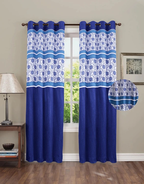 Long crush flowery print patch plain cursh curtains 7FT Door _set of 1_Blue  uploaded by Home max india on 7/26/2023