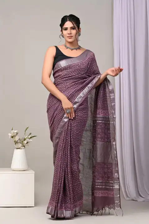 Hand block print Linen saree with blouse  uploaded by business on 7/26/2023