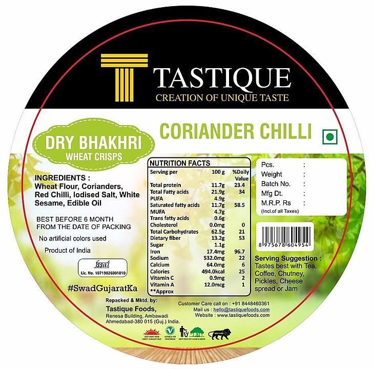 Coriander chilli dry bhakhri uploaded by Tastique Foods on 7/16/2020