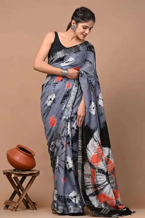 Linen Hand Block Printed Saree With Unstitched Blouse piece uploaded by business on 7/27/2023