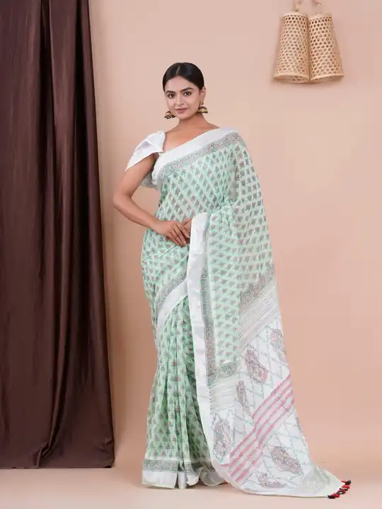 Linen Hand Block Printed Saree With Unstitched Blouse piece uploaded by Sanganeri Block Prints on 7/27/2023