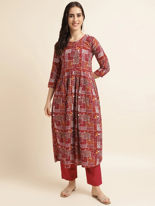Fabclub Rayon Printed Maroon Flared Women Kurti uploaded by business on 7/28/2023