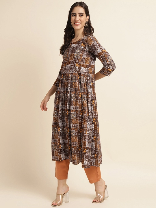 Fabclub Rayon Printed Brown Flared Women Kurti uploaded by Fab Creation on 7/28/2023