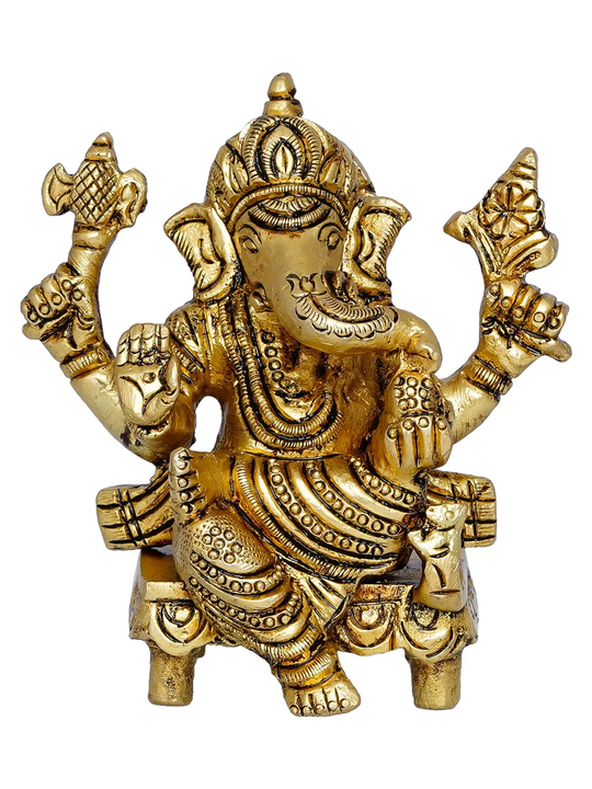 ☺️☺️☺️Golden Brass Handcrafted 4 Bhujadhari Lord Ganesha Idol on Chowki
 uploaded by business on 7/29/2023