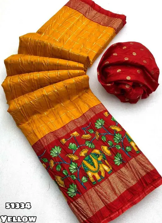 Launching new Dola silk crush saree with chex design, comes with kalamkari design border
Blouse - F uploaded by business on 7/29/2023
