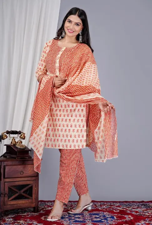 Jaipuri Print Cotton fabric Kurta pant with Dupatta set  uploaded by Kabir Fashion World on 7/29/2023
