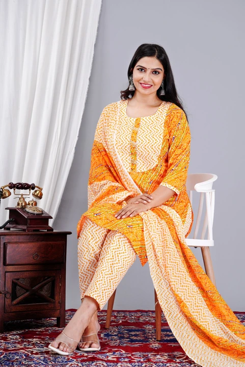 Jaipuri Print Cotton fabric Kurta pant with Dupatta set  uploaded by business on 7/29/2023