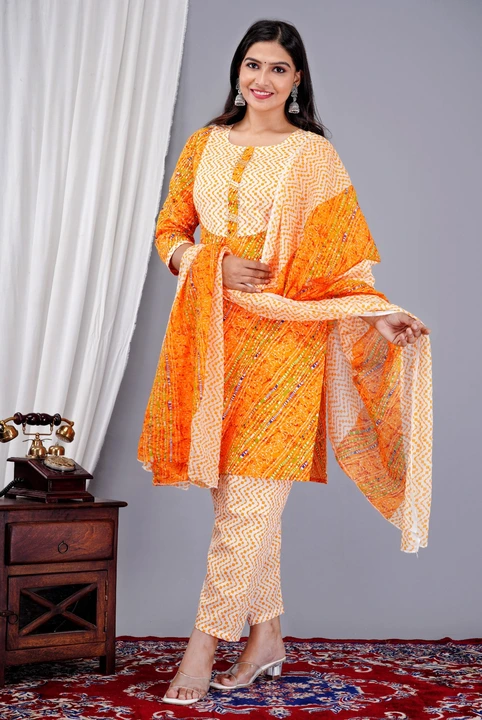 Jaipuri print cotton fabric kurta pant duptta set uploaded by business on 7/29/2023