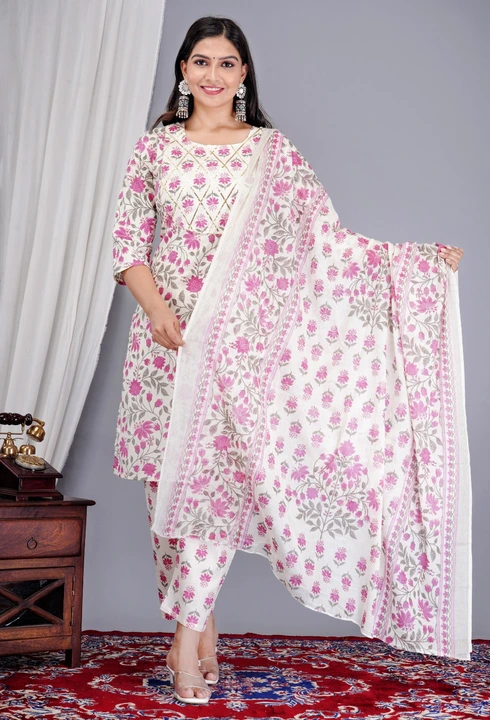 Jaipuri print cotton fabric kurta pant duptta set uploaded by Kabir Fashion World on 7/29/2023