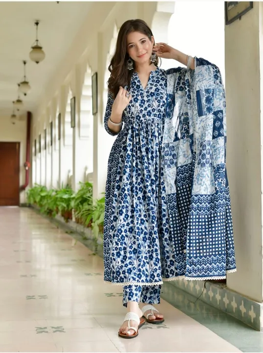 *New lounch*

Beautiful 🥰 outfit in three piece suit in very Beautiful print Fabric is premium Qual uploaded by Gota Patti manufacturing on 7/30/2023