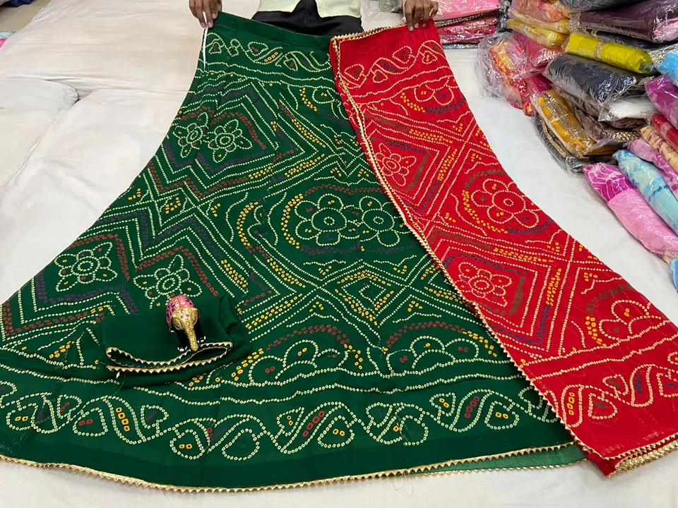New design launch in bandhni print 
Fabric jorjet c by c
Lehnga chunni and blouse 
Lehnga Gher 3.5 m uploaded by Gotapatti manufacturer on 8/3/2023