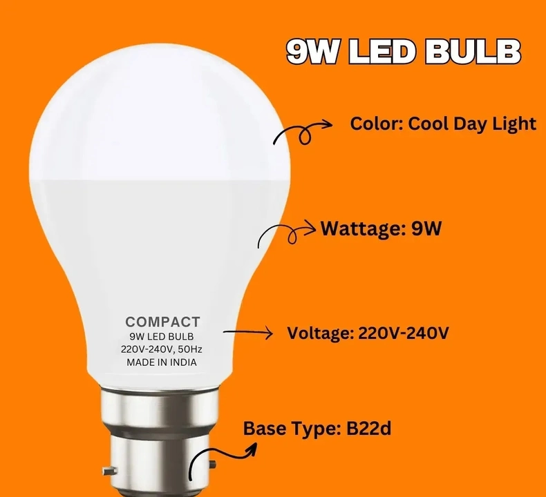 COMPACT 9W B22 Base Cool day LED Bulb Light Pack of 1 with 5W LED Candle Light Pack of 1 Free Combo
 uploaded by business on 8/3/2023
