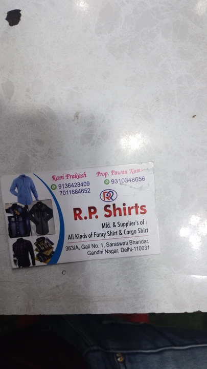 Visiting card store images of R.P shirts