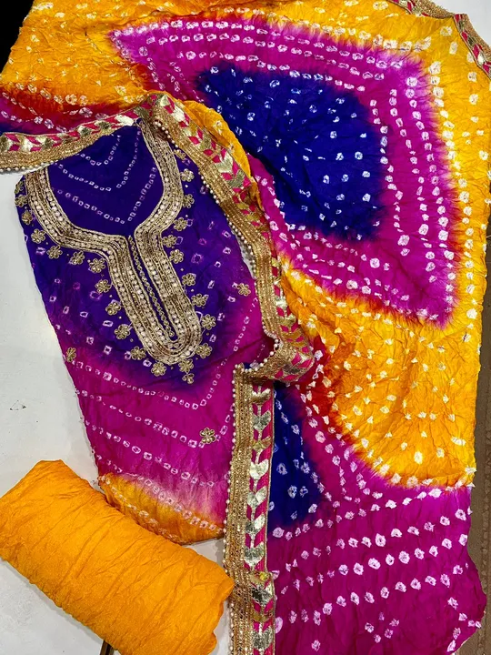 👗 NEW  launch 😍😍
👗 Bandhej art silk suit with hand gotta patti work 
🧕duppta bandhej with borde uploaded by Saiba hand block on 8/3/2023